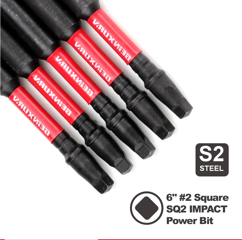 GEINXURN Impact Tough #2 Square 6 in. Power Driver Bits, S2 Alloy Steel Magnetic SQ2 Screwdriver Bits Set