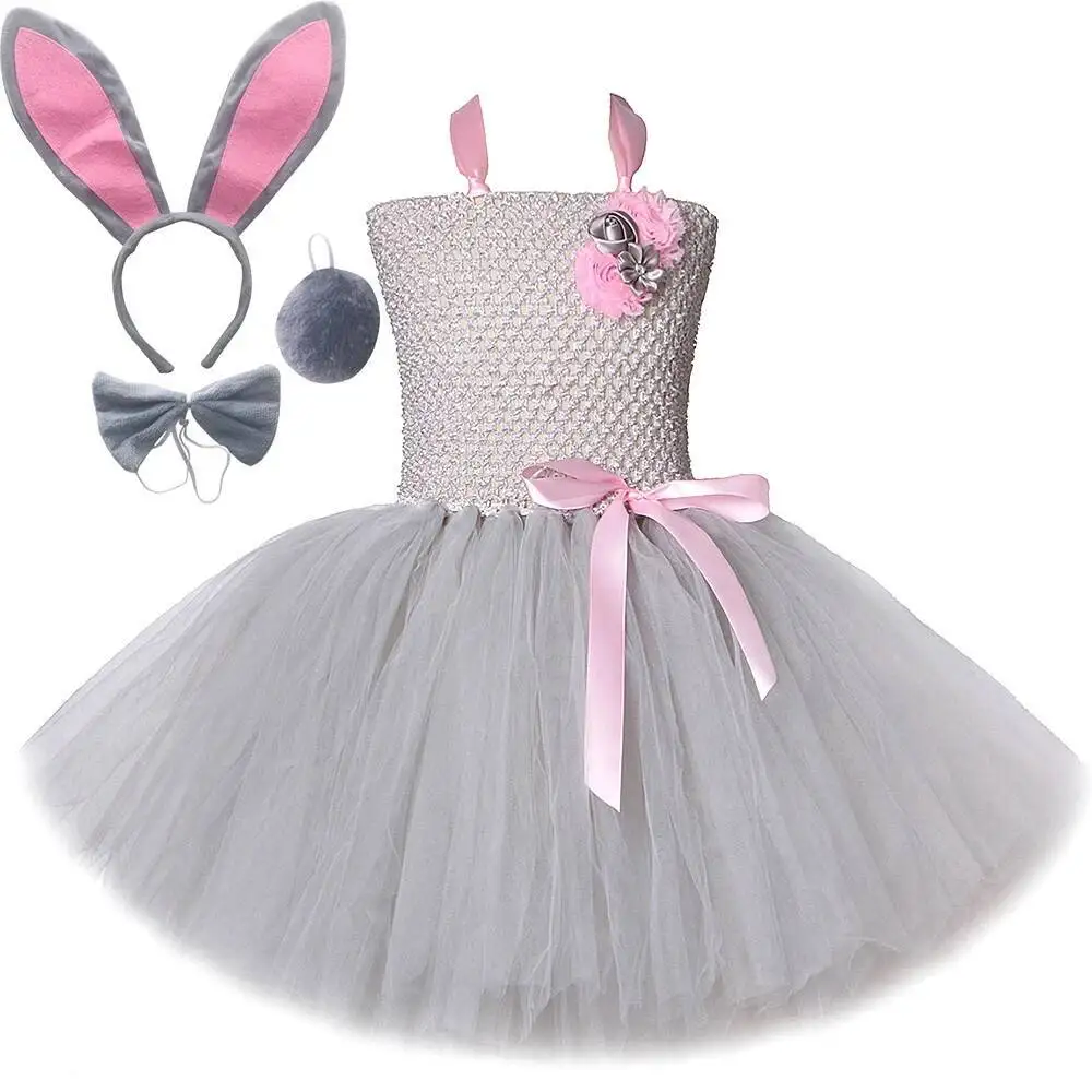 Costumi coniglietto pasquale grigio rosa per neonate vestito Tutu coniglio con orecchie cravatta Set bambini Halloween animale vestito vestiti di compleanno