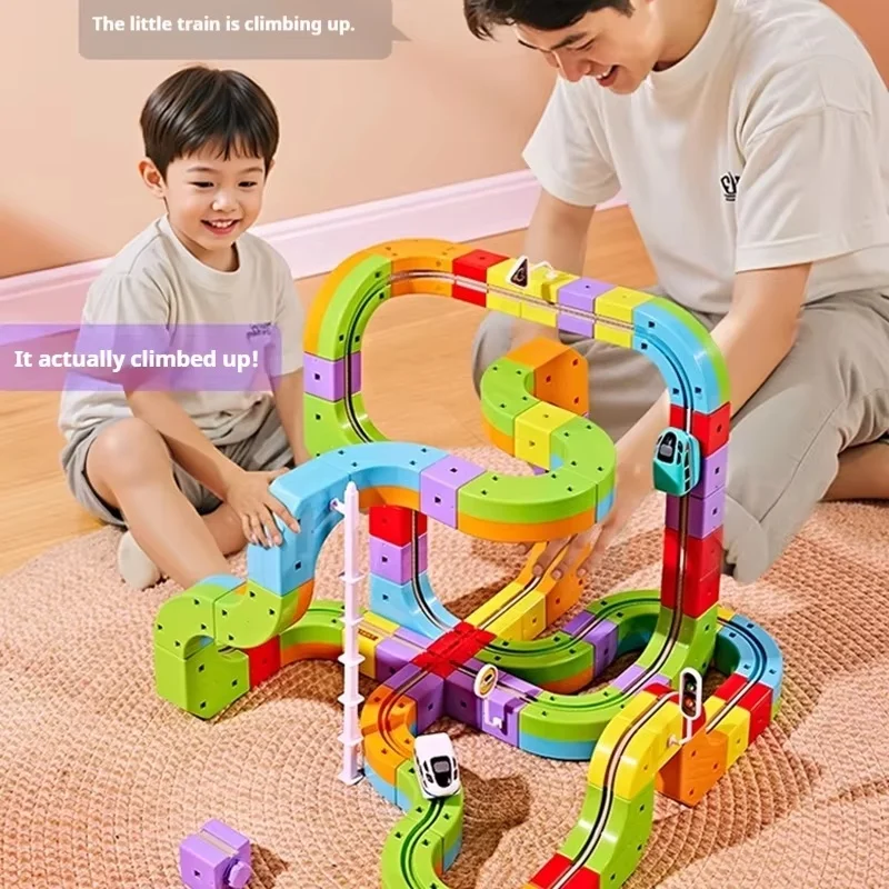 Jouet éducatif Montessori 2025, ensemble de Train sur piste magique, assemblage de voiture sur Rail sans télécommande, véhicules de jeu pour enfants, boîte cadeau