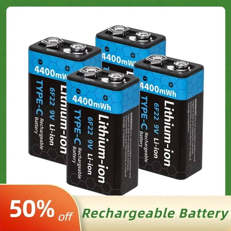 2PCS Large Capacity 4400mWh 9V Rechargeable Lithium-ion Batteries with Type-C Fast Charging for Multimeter Replace Batteries