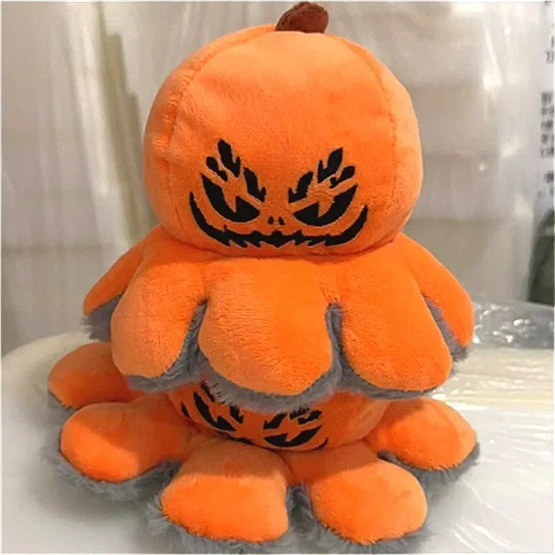 New Halloween Pumpkin Head Doll Cartoon Anime Character Children's Funny Props Kawaii Two-sided Pumpkin Turned Into Octopus Toy