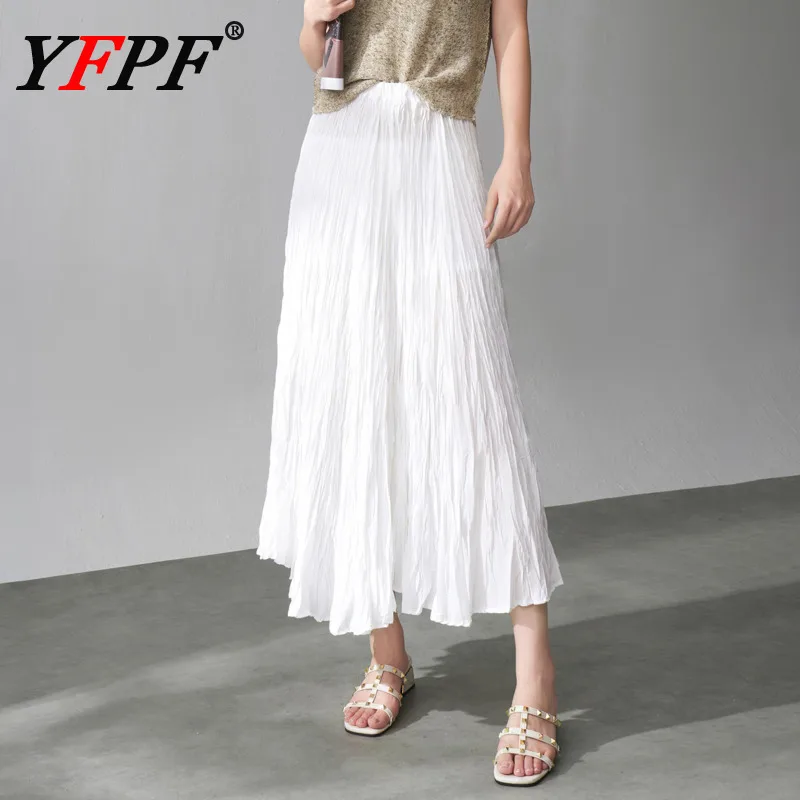 

YFPF Casual Solid Color Skirt Women Miyake Pleated High Waist A Line Loose Folds Long Skirts Fashion 2025 New Clothing