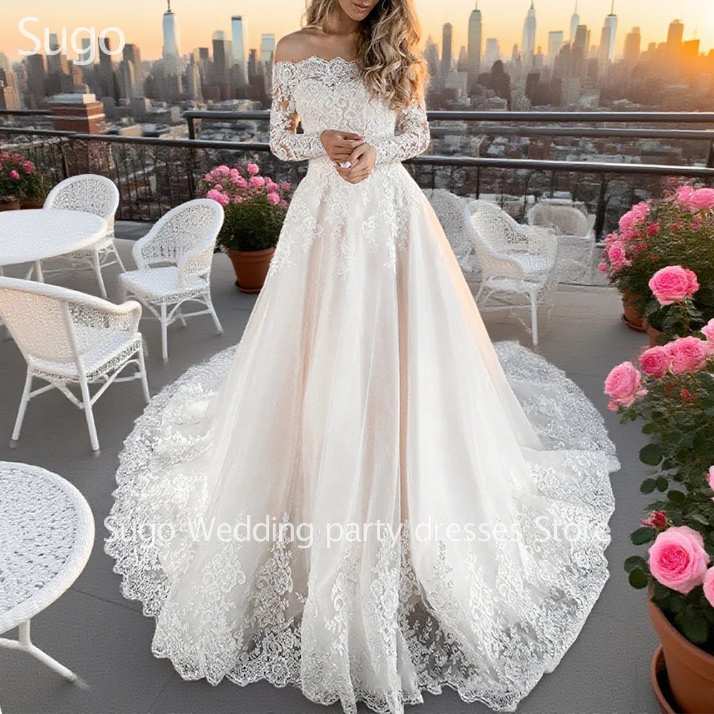 

Customized Elegant Long Wedding Dresses Lace Boat-Neck Floor-Length Sweep Train Brides Dress Women Vestidos De Novias Gowns 2025