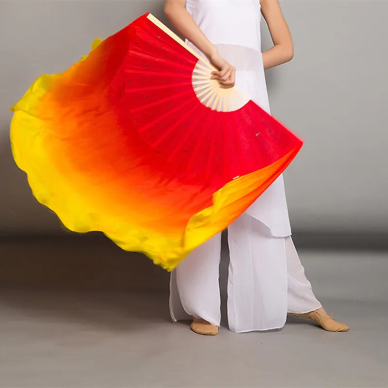 Fire Flame Silk Veil Extra Long Double Side Layers 100% Silk Bamboo Fan Red Orange Yellow Light Weight Dancer Show Props Chinese