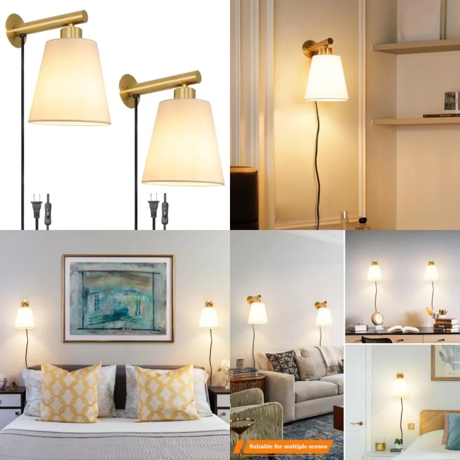 

Plug-in Wall Sconces Set of 2, Bedside Lamps With Fabric Linen Shade, Brass Wall Sconce With Cord, Wall Decor Bedroom Lights fo