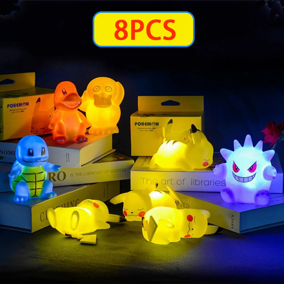 10 sztuk zestaw Pokemon lampka nocna świecące Pikachu Gengar Charizard Psyduck Squirtle śliczne Kawaii miękkie zwierzę lampka nocna prezenty dla