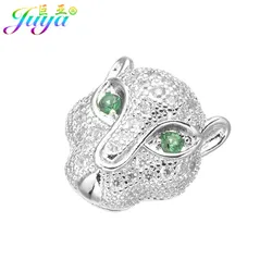 Juya 4 Pcs/Lot Handmade Cz Paved Blue Eyes Leopard Head Charm Beads For DIY Needlework Natural Stones Beadwork Jewelry Making