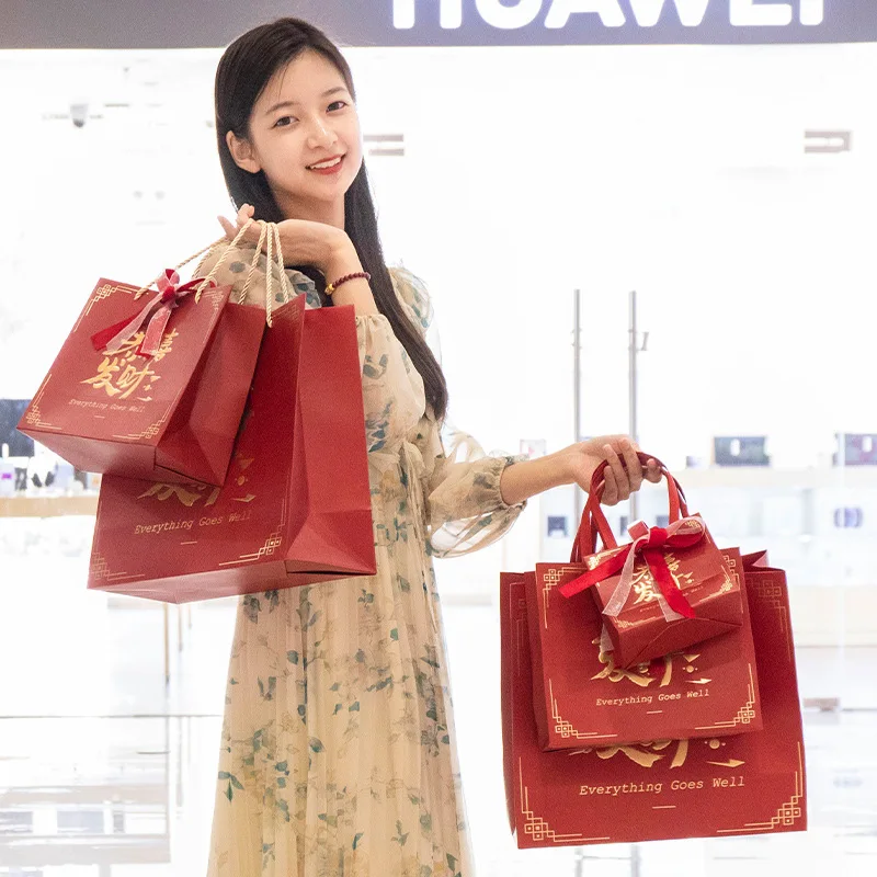 Customized. Lucky Fortune Concave-Convex Gilding Bag Good-looking Red Holiday Handbag Bag Paper Bag