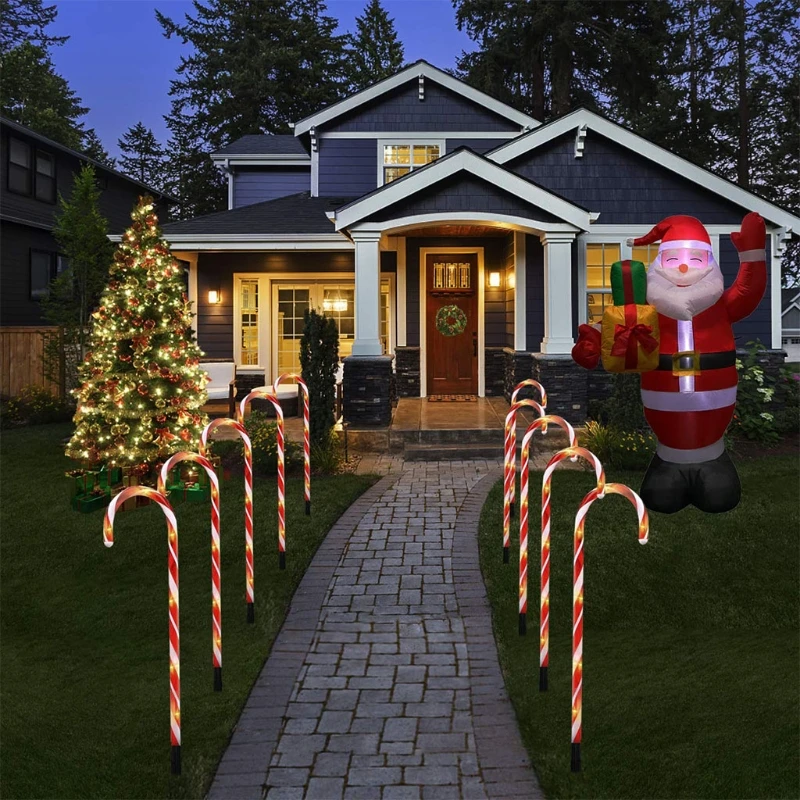 10 Pcs Red Candy Cane LED Light Christmas Lighted String Outdoor Patio Yard Landscape Holiday Xmas Pary Decorations