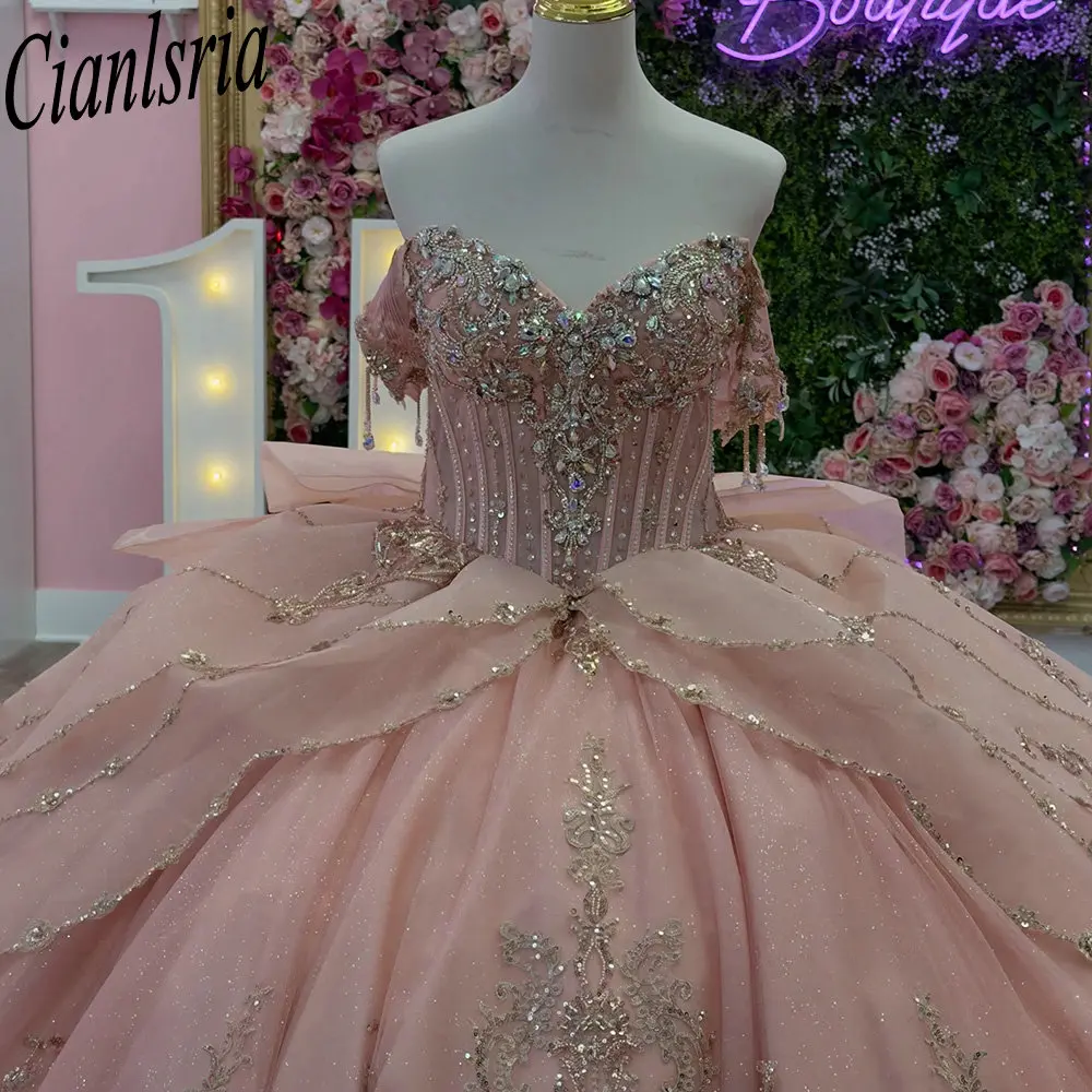 Blush Pink Sweet 15 16 Quinceanera Dress Sparkly Gold Lace Rhinestone Beaded Corset Back Ball Gown Vestidos De XV Anos