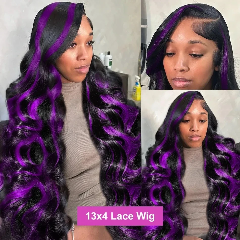 

Ombre Purple Highlight Body Wave 13x6 HD Lace Front Wig Human Hair Water Wave Dark Purple 13x4 Lace Frontal Wigs 250% For Women