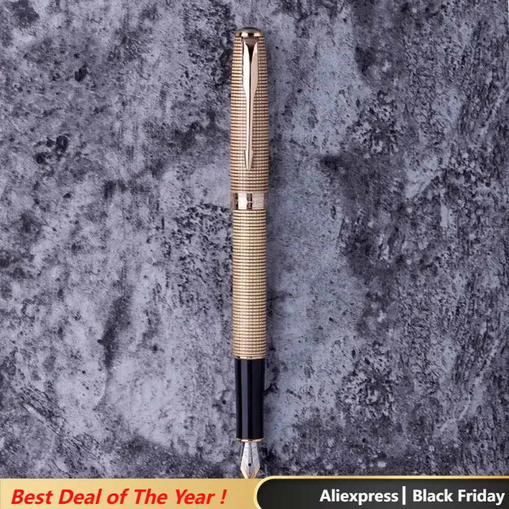 Jinhao 16 Fashion Golden Metal Fountain Pen, Beautiful Grid Patterns with Converter Gift Pen for Office Business Home School