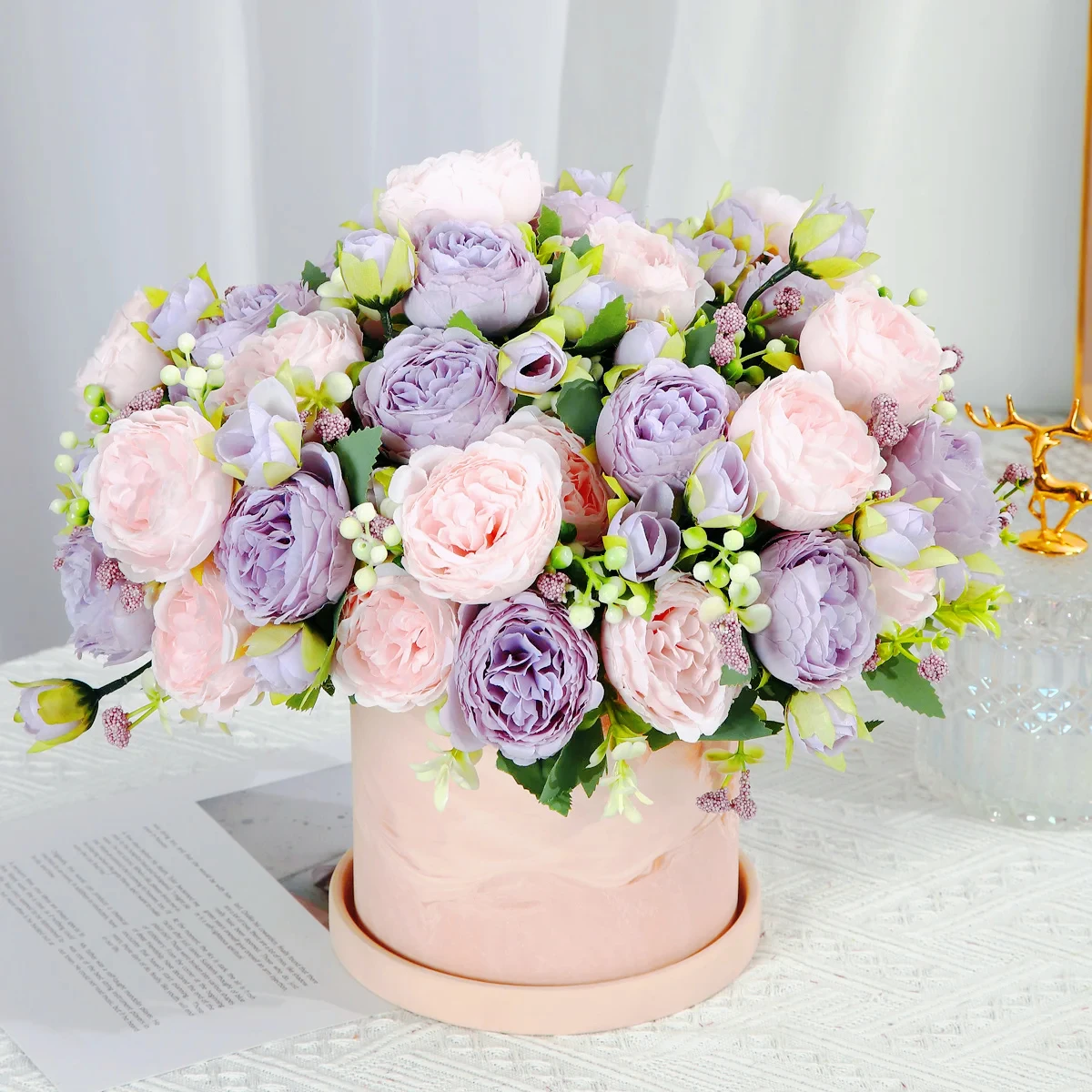 30cm Rose Pink Silk Bouquet Peony Artificial Flower 5 Big Head 4 Small Bud Bride Wedding Home Decoration Artificial Flower