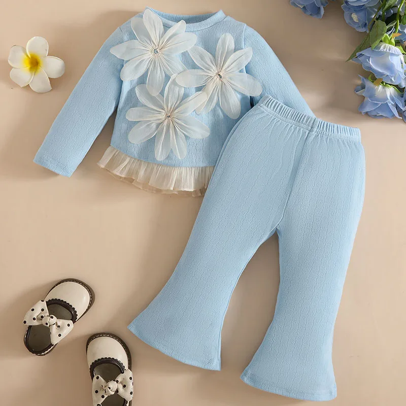 

2Piece Sets Spring Autumn Infant Girl Clothes Korean Fashion Cute Flowers Long Sleeve Blue Tops+Pants Luxury Baby Clothing B064