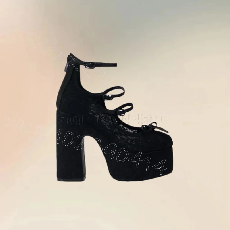 Black Lace Flower Hollow Design Platform Pumps Back Zipper Women Shoes Chunky High Heels Party Banquet 2024 Zapatos Para Mujere