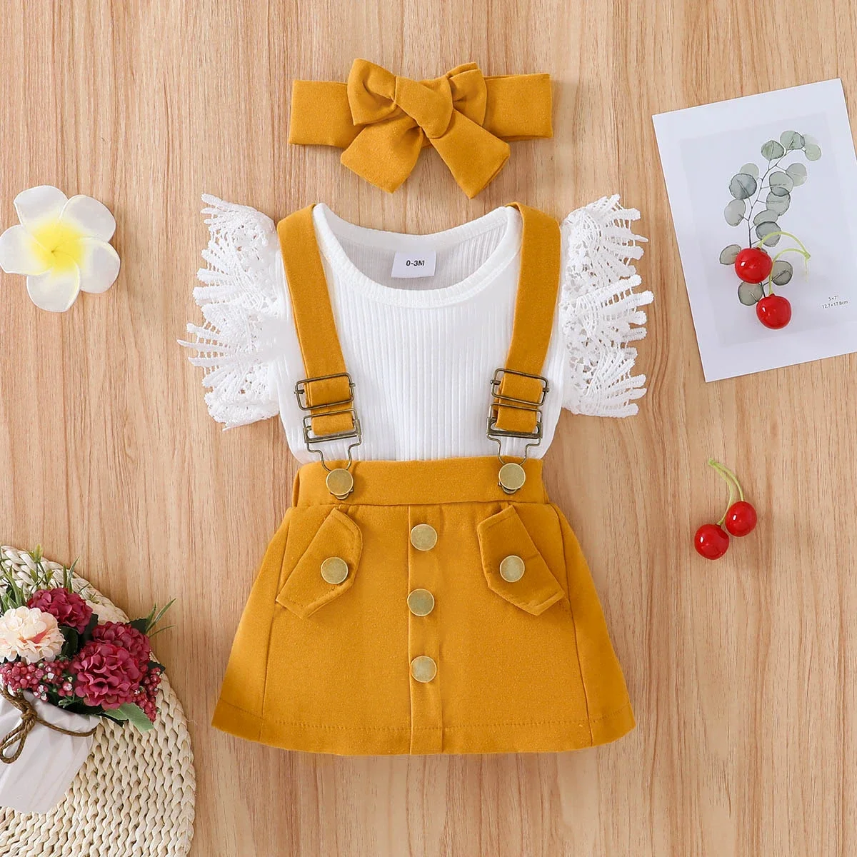 PatPat 3pcs Baby Girl Lace Flutter-sleeve Ribbed Romper and Suspender Skirt with Headband Set Soft and Comfortable