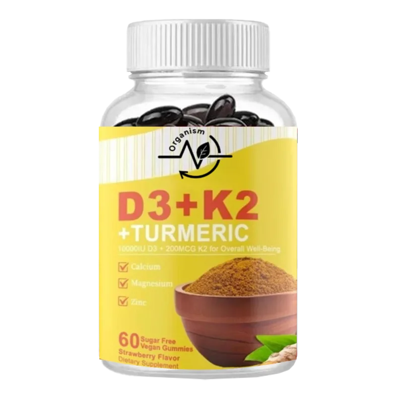 

Turmeric and Vitamin D3 K2 Gummies Contain Calcium, Magnesium, Zinc, and Piperine, Which Support Bone Health and Immunity,