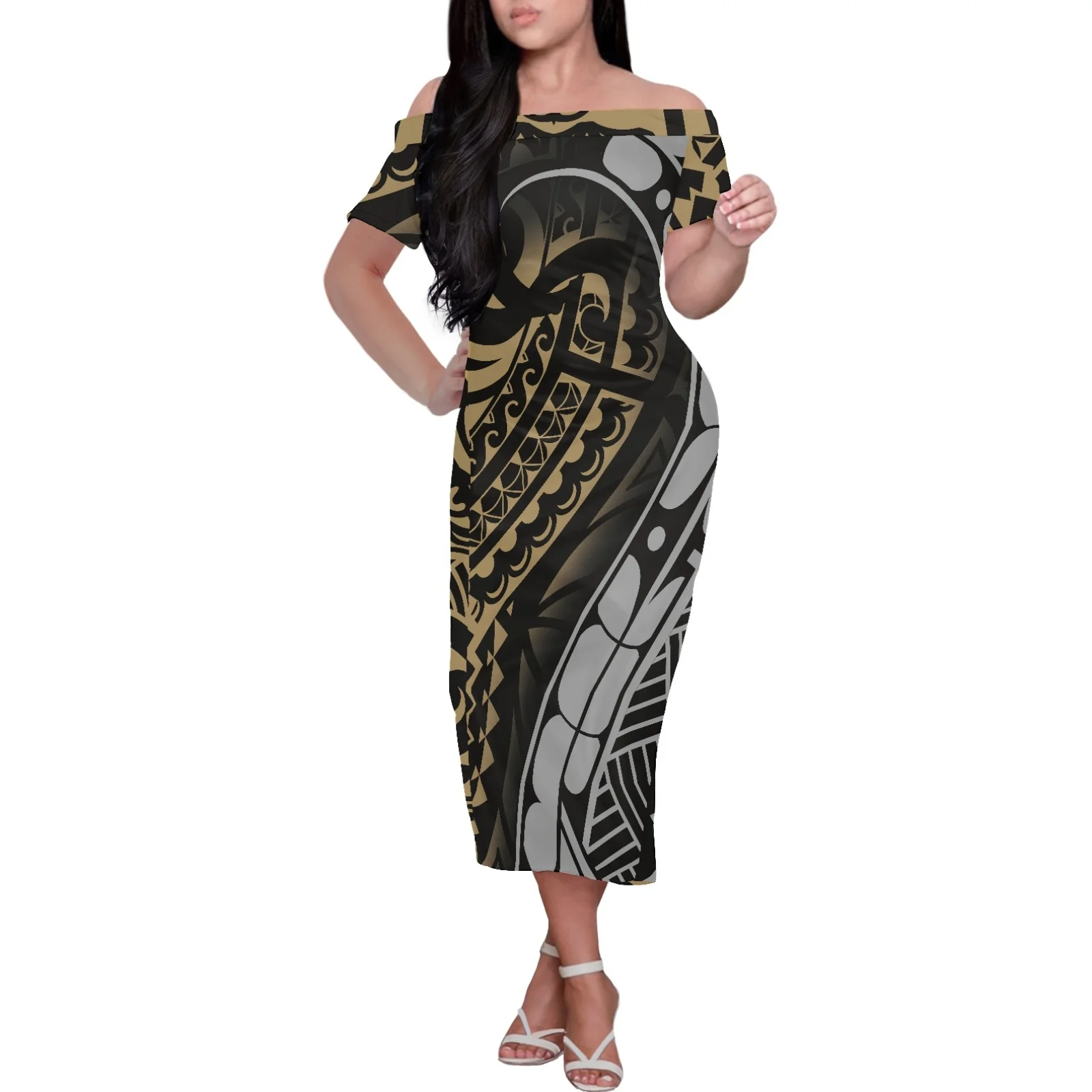 Fashion Short Sleeve Close-fitting Off Shoulder Dress Polynesian Tribal Puletasi Tattoo Printing Formal Occasions Maxi Dress