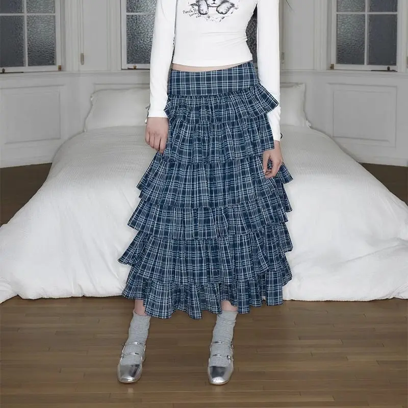 Tonngirls Vintage Rok Vrouwen Geruit Lange Baljurk Streetwear Gotische Hoge Taille Rokken 2000S Japenses Cake Jurk Herfst Mode