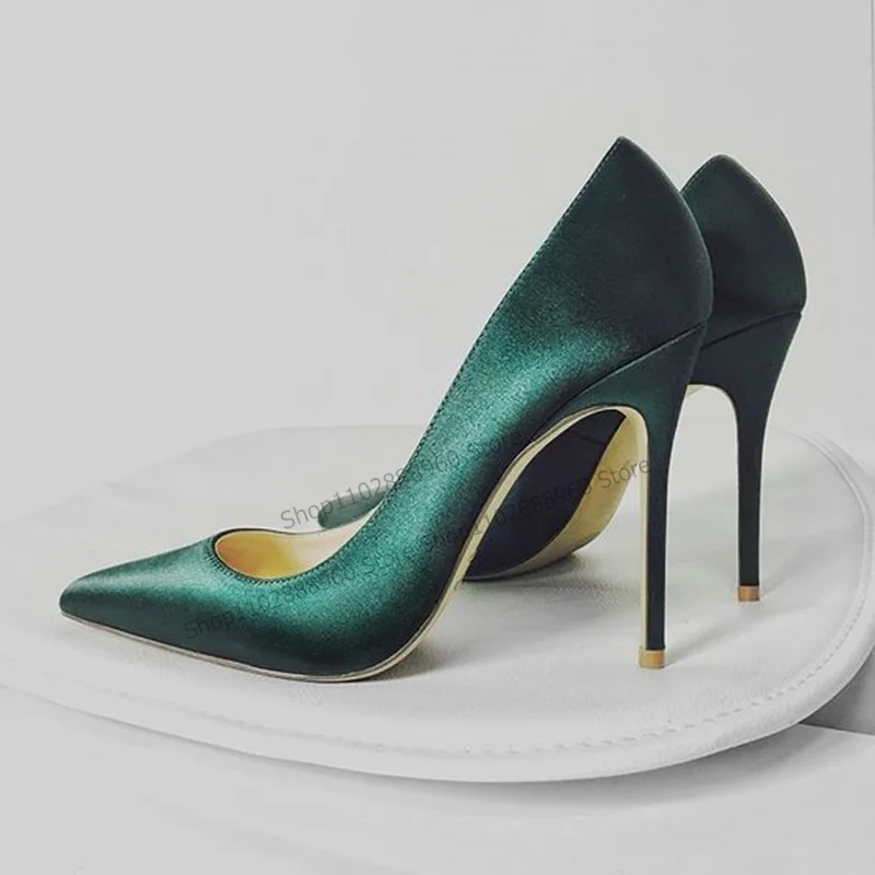 Green Satin Shallow Pumps Stilettos High Heel Cover Heel Women Shoes Pointed Toe 2023 Fashionable Zapatos Para Mujere