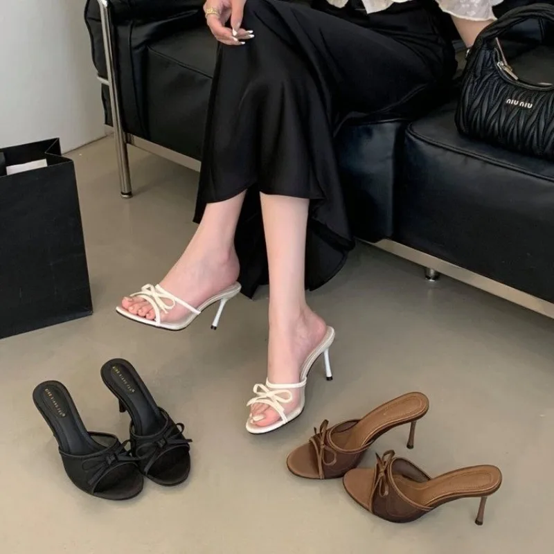Luxury Elegant Women Heeled Sandals Butterfly-Knot Fashion Round Toe Ladies Thin High Heels Slippers Female Dress Pumps Shoes