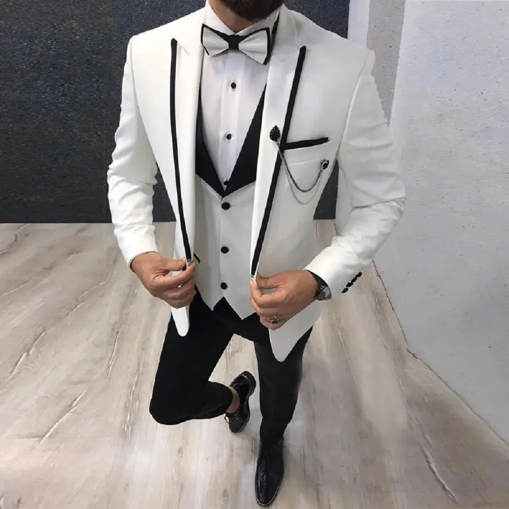 Men Suits Slim Fit Casual Business Groomsmen Grey Green Ivory Lapel Tuxedos for Formal Wedding(Blazer+Pants+Vest)