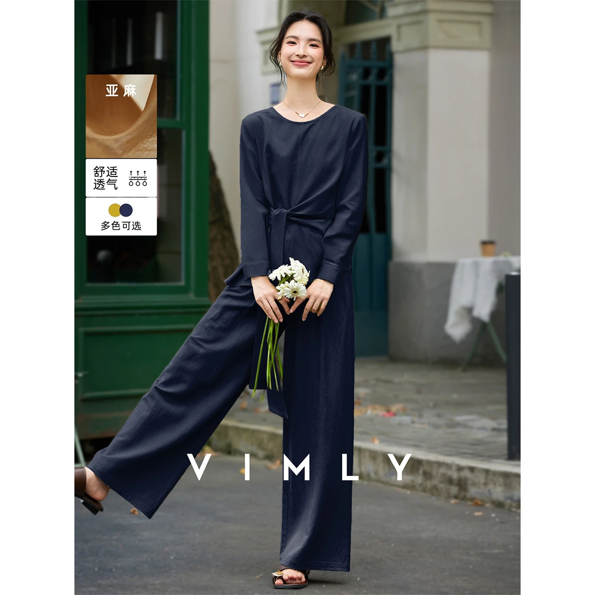 VIMLY Set di pantaloni da pendolare casual da donna Autunno Nuovo set di due pezzi solido Tie-frente Manica lunga O-Collo Top Pantaloni a gamba larga Set A2900
