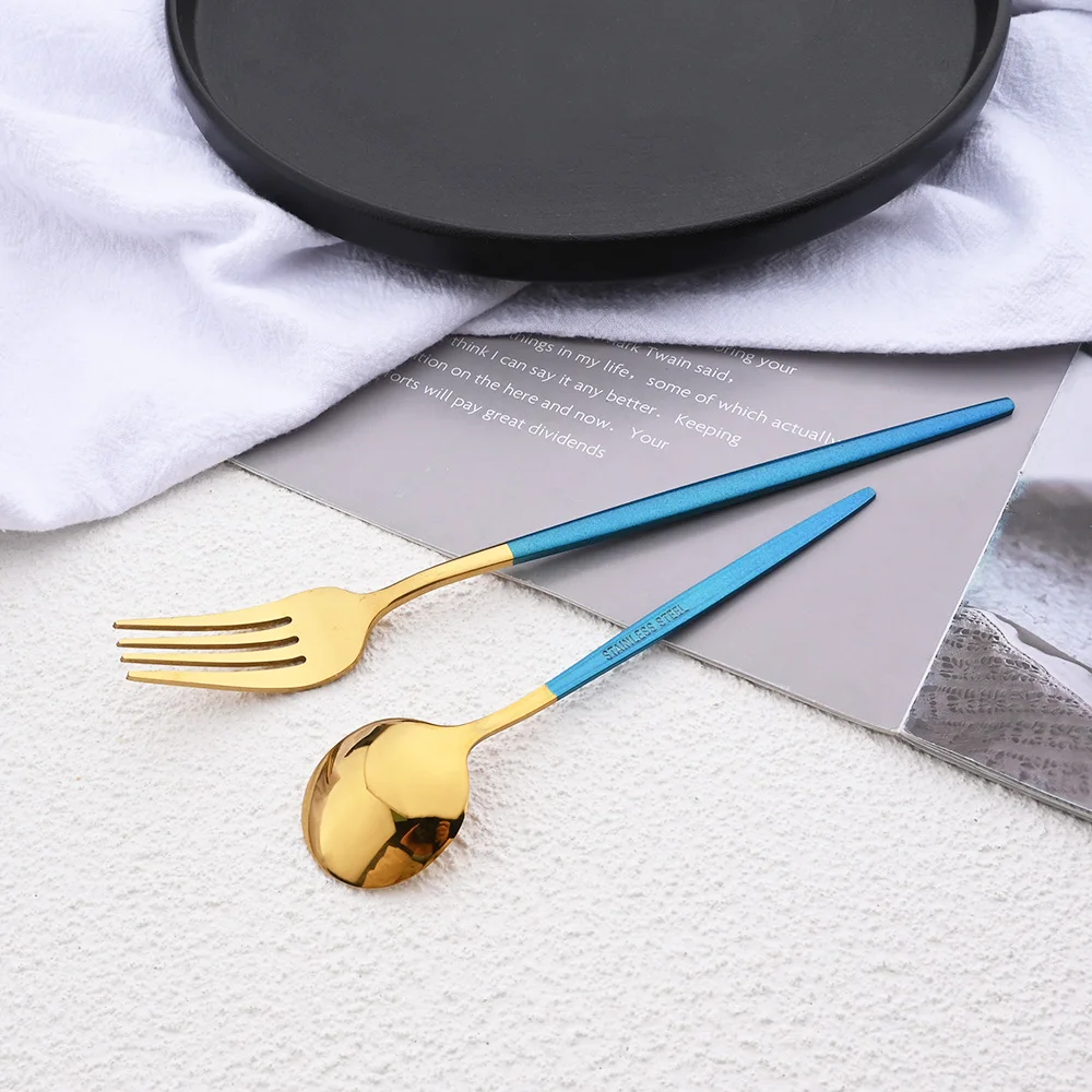 Blue Gold 5Pcs Dinnerware Set Silverware Flatware Knife Dessert Fork Spoon Stainless Steel Cutlery Set Tableware Party Set