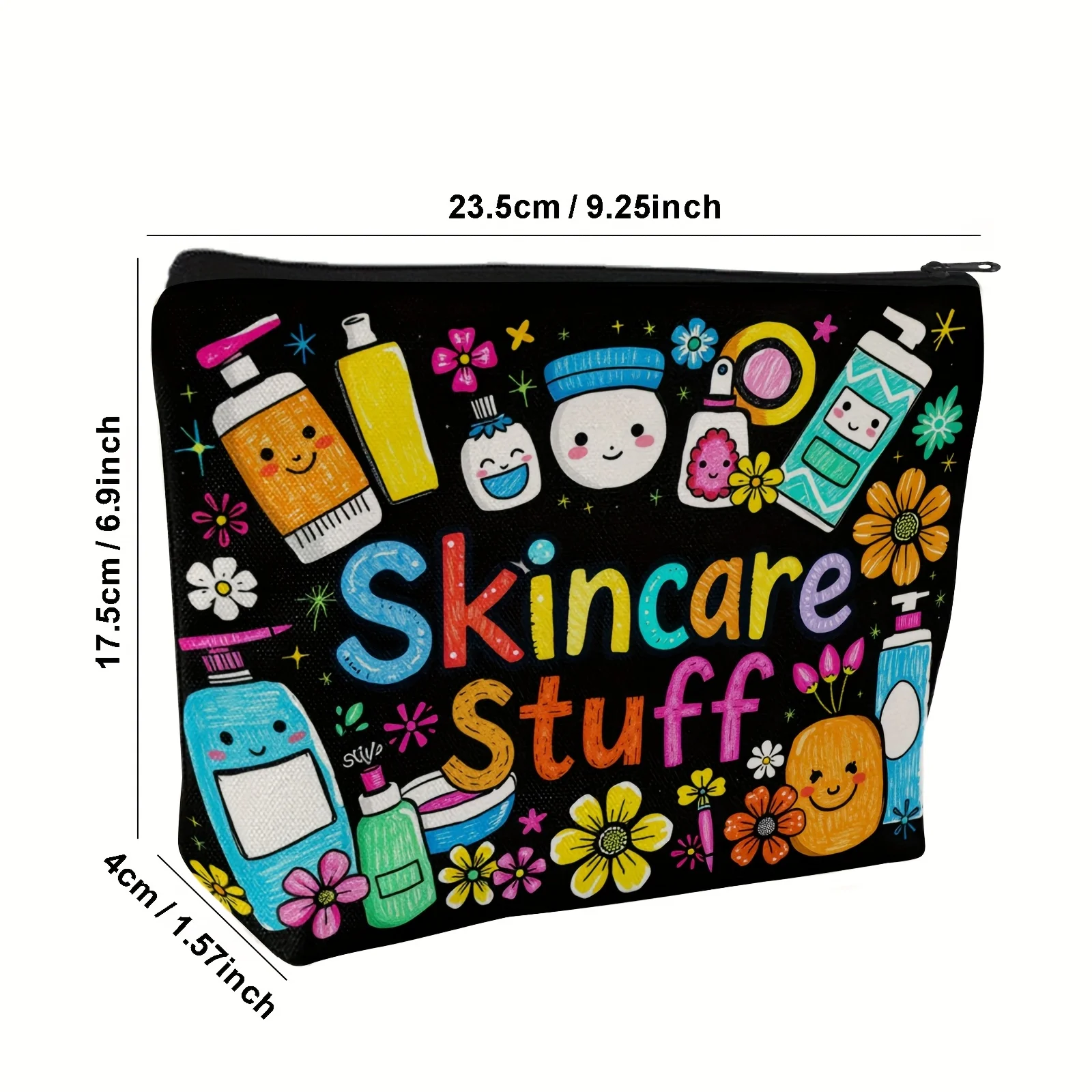 1 borsa per il trucco nera pastello per la cura della pelle, organizer leggero con cerniera con stampa cosmetica vibrante, custodia da toilette da viaggio, borsa per il trucco
