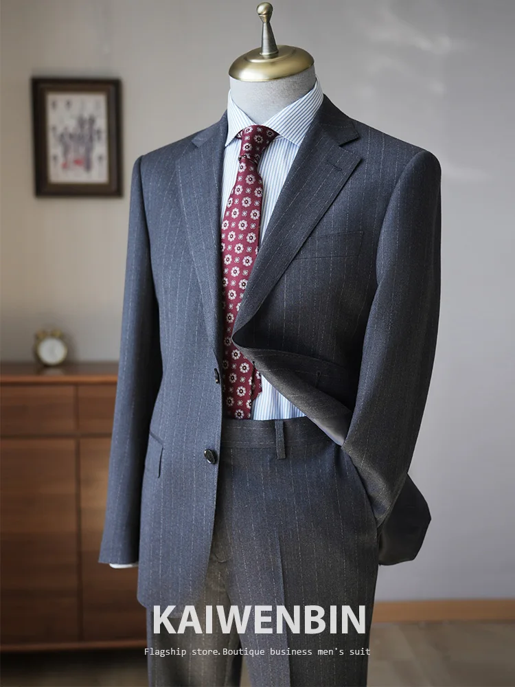 Men's Suits 2-Piece Gray Stripe Silk Cashmere Blend Adjustable Waist Double Vents Groom Wedding Business Suits Custom Tailored