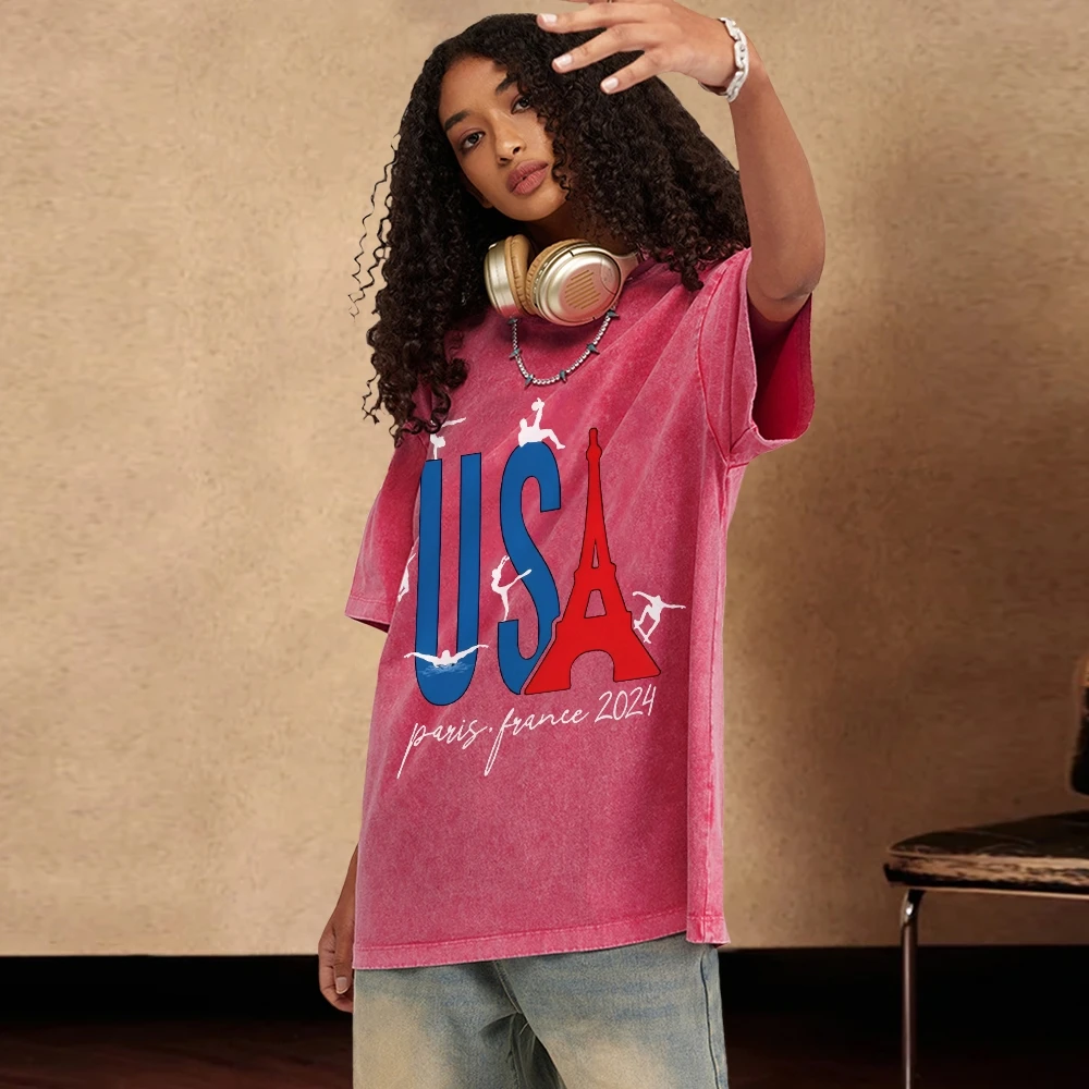 USA Monogram Print Women's T-Shirt Loose Fashion Oversized Short Sleeve Statement Features Niche Vintage Top Tee Summer Comfort