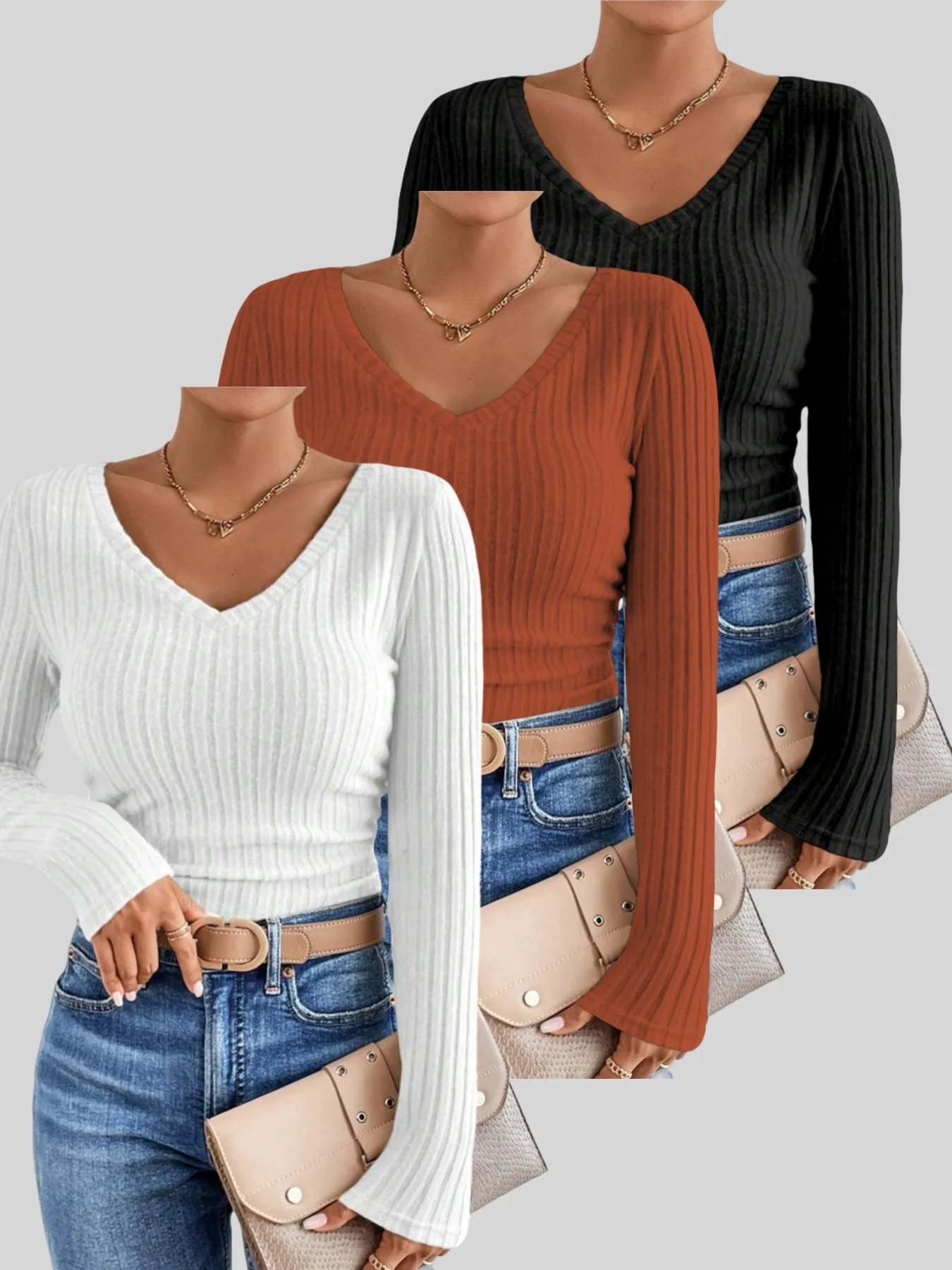 Women 3 Pack V Neck Ribbed Knit Flare Long Sleeve Top Slim Fit Solid Basic Casual Daily Going Out Fitted Knitwear Multi Pack Top