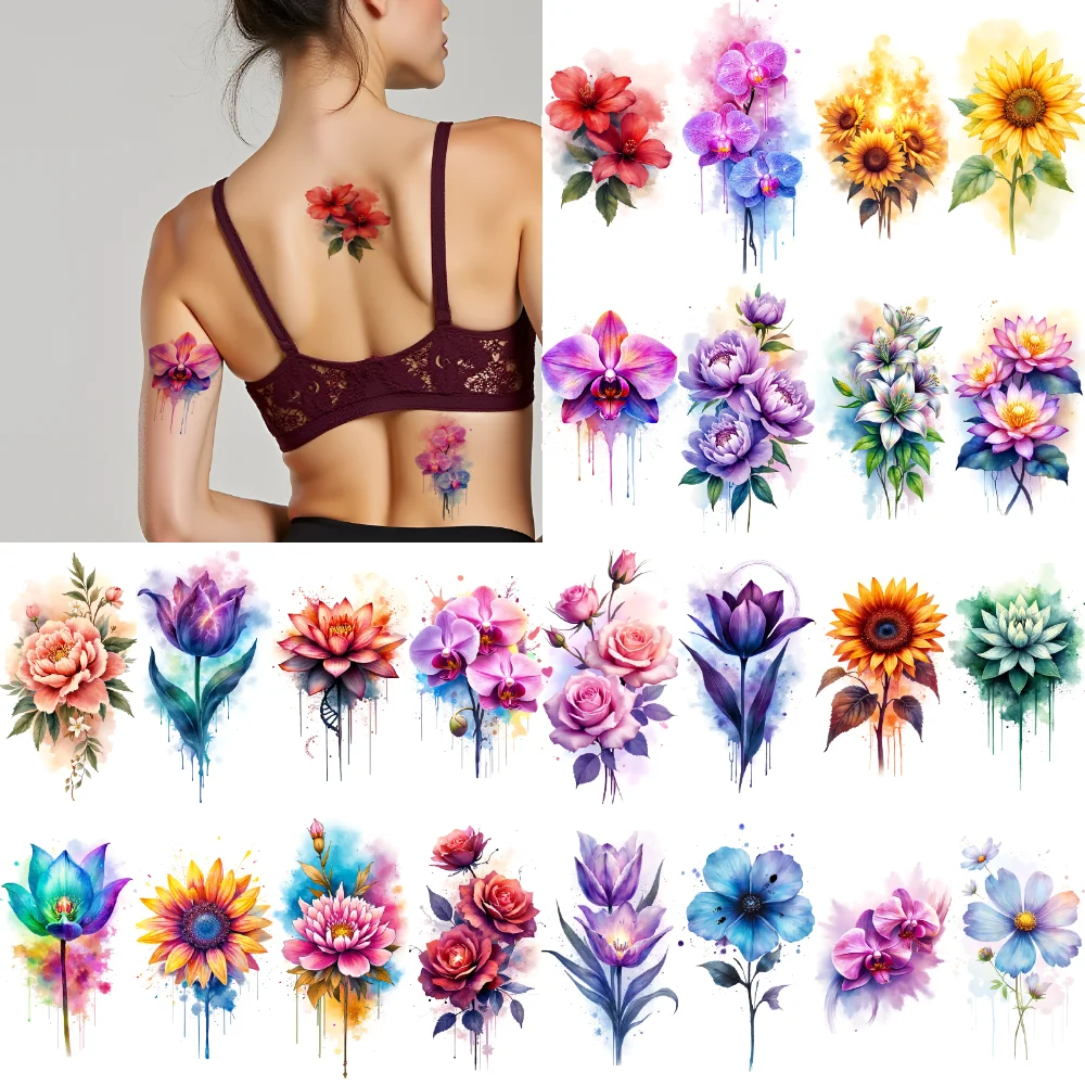 

9pcs Temporary Tattoo Sunflower Waterproof Long-lasting Body Stickers Purple Orchid Blue Lotus Watercolor Red Rose For