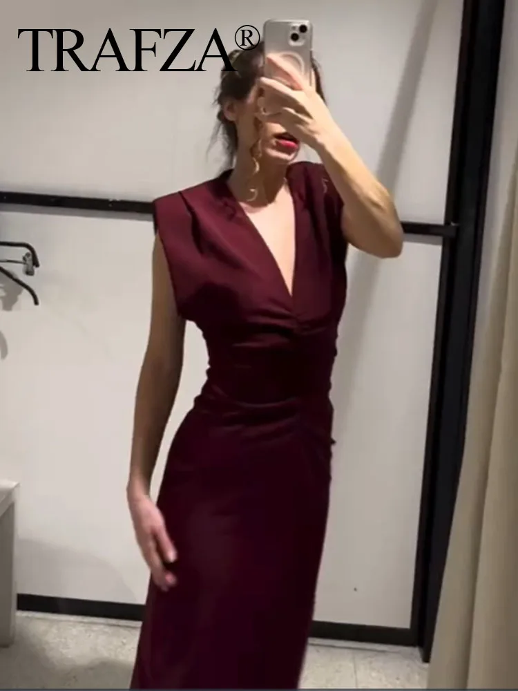 

TRAFZA 2025 Summer Women Fashion Dress Trend Wine Red Slim Midi Dresses Female With Pleated Woman Evening Dress Vestidos