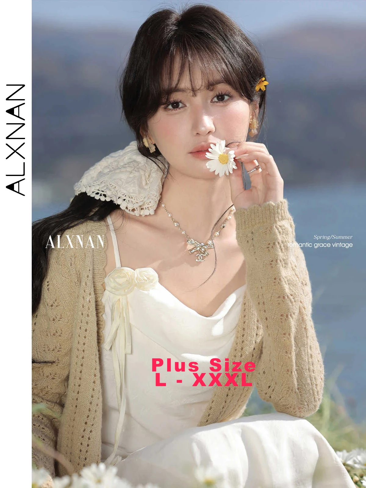 

ALXNAN Plus Size Khaki Women's Knitted Cardigan 2025 Hollow Design Long Sleeve Knitwear Elegant Casual Female Clothes D09318SY