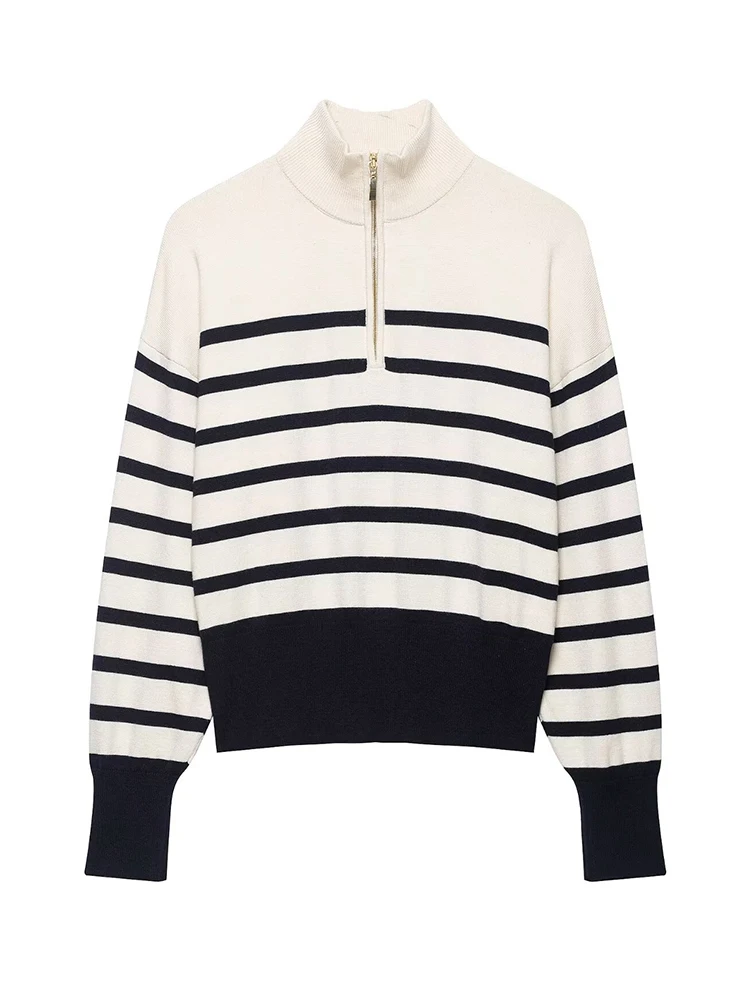 HH Fashion Trendy Navy White Knit Top Women Autumn Winter Stylish Long Sleeve Relaxed Fit Street Wear Runway Chic Modern Top