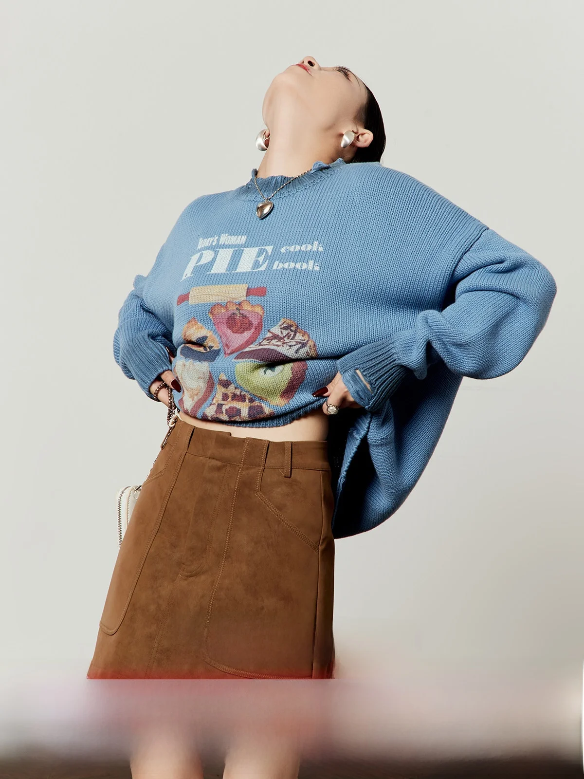 

Blue Knitted Loose Sweater Women's Spring New Sle Vintage Egg Tart Cake Pattern Loose Fit Knit Top by Zhou Li Wu