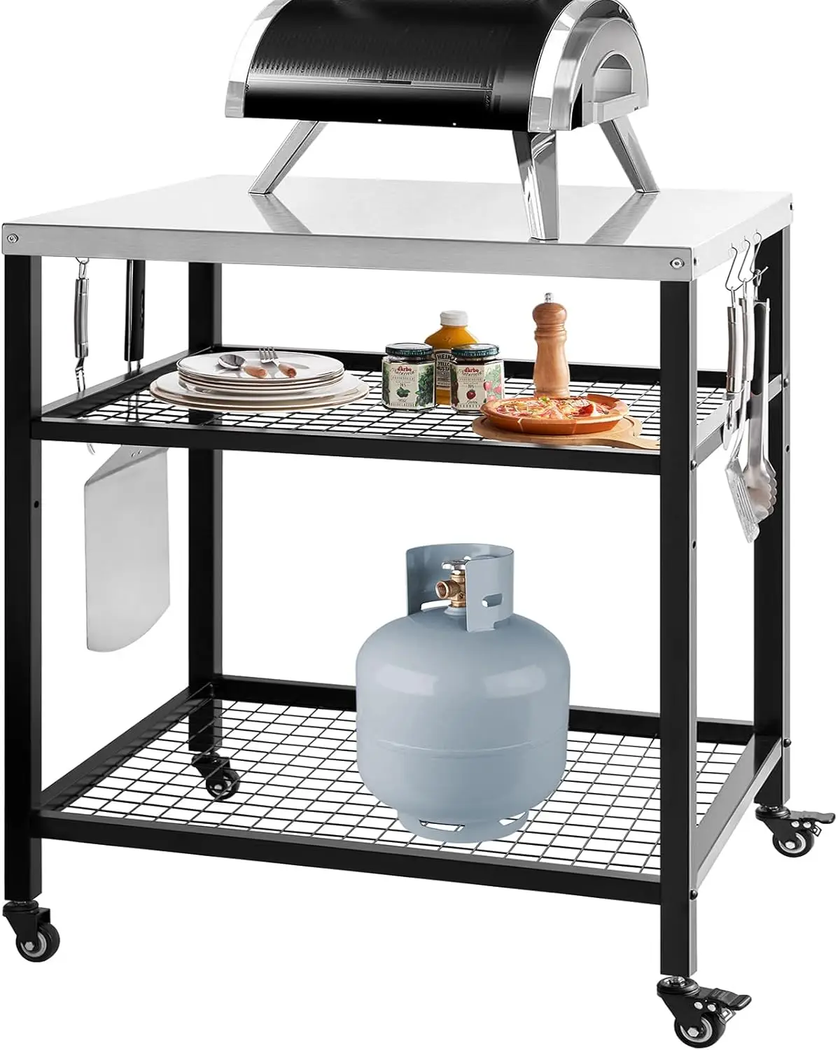 Stainless Steel Grill Cart Pizza Oven Stand Trolley Table with Wheels Three-Shelf Movable Food Prep and Work Cart Table