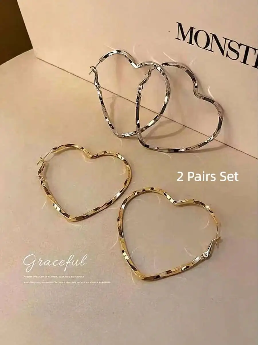 

2 Pairs Fashion Metal Heart Hoop Earrings, Classic Elegant Twist Earrings, Suitable For Women's Casual Daily Wear, Women's Jewel