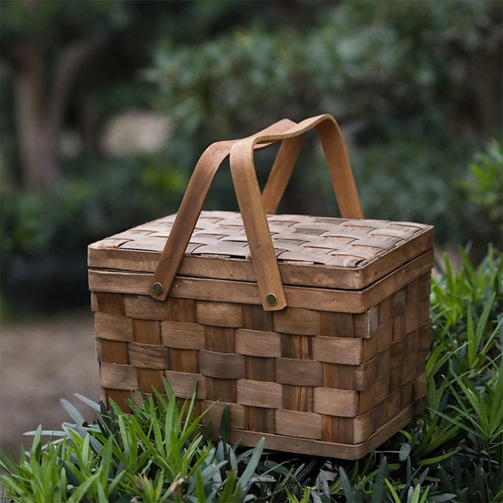 

Natural Wood Weave Basket for Fruit Storage and Picnic Food Organizer Rustic Style Household Decoration Woven Hand Basket Gift
