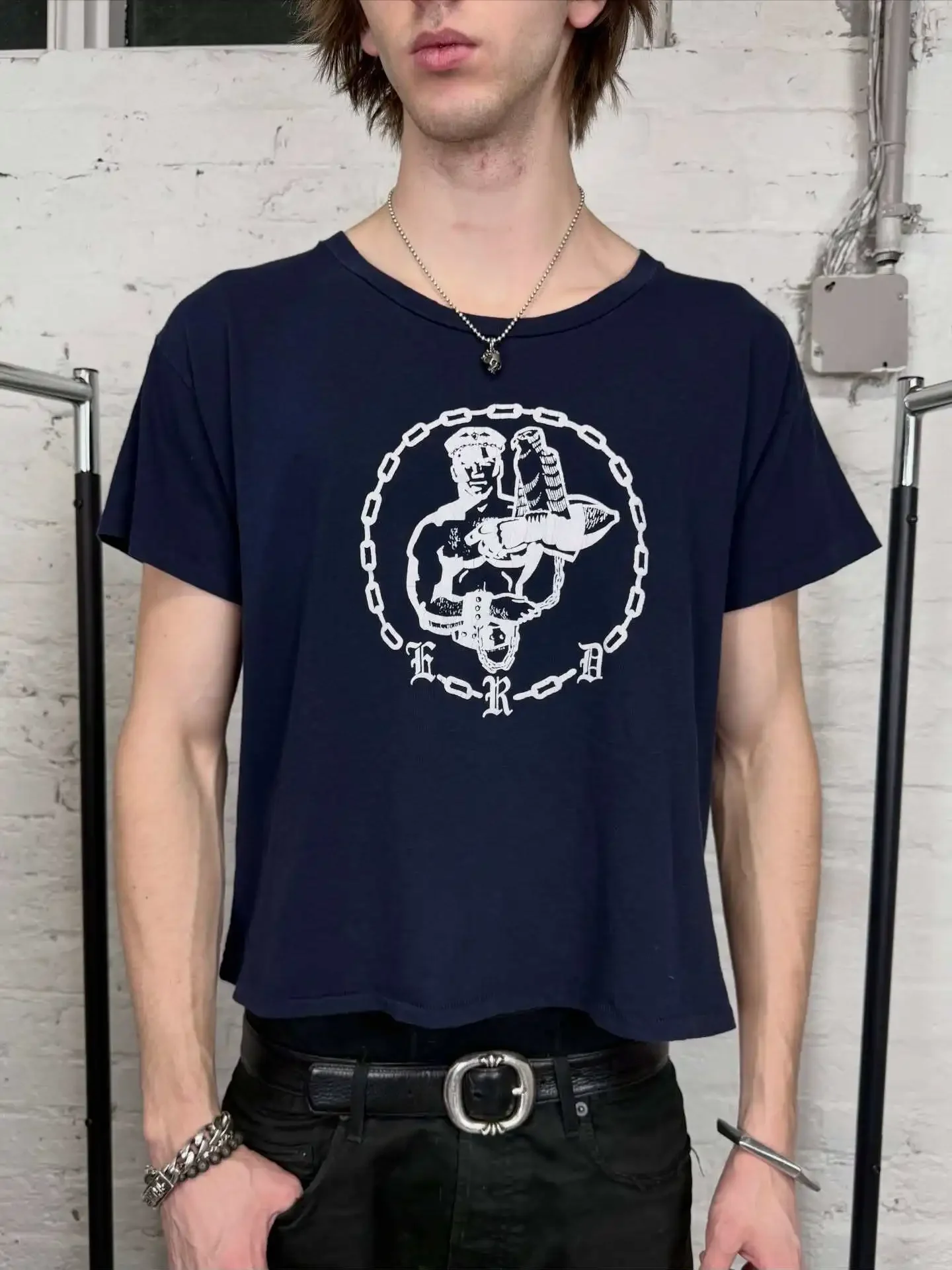 ER/D 25ss chain large neckline print washed short-sleeved T-shirt