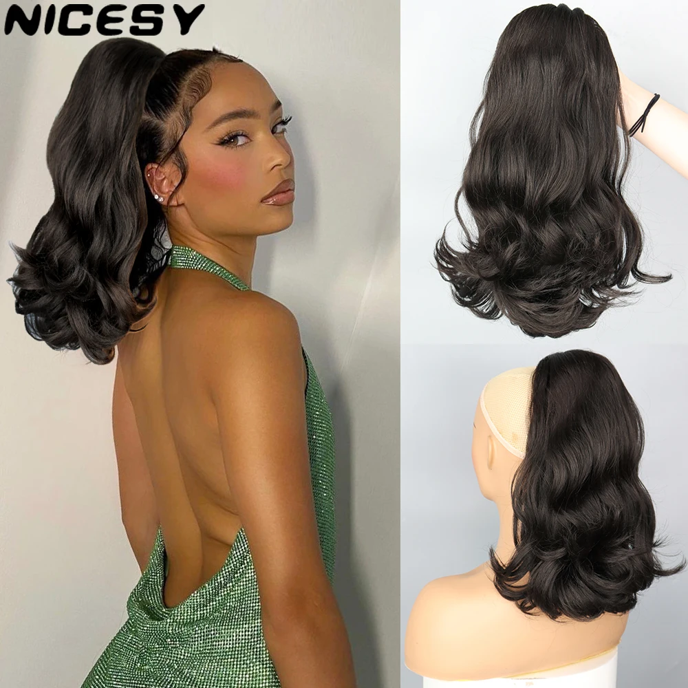 Nicesy synthetischer Schwanz verziehen 18 "verworrene Kordel zug lockige Pferdes chwanz Haarteil mit 2 Clips Haar verlängerung schwarz für Frauen – Detail 2