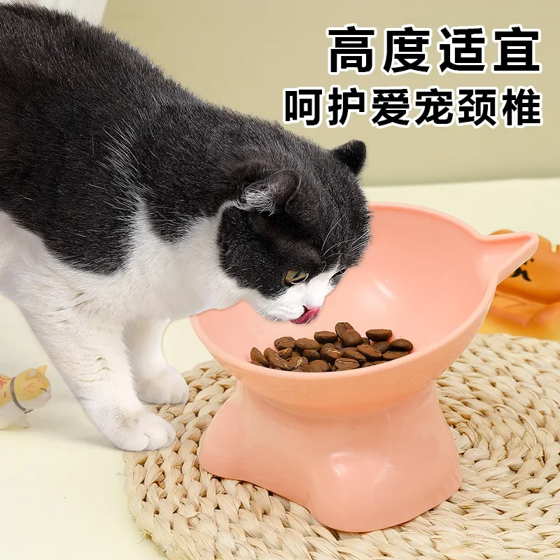 Pet Bowl Protection Cervical Spine Dog Bowl High Foot Cat Bowls Anti Knock Plastic Double Ear Slanted Mouth Cat Food Dog Bowl