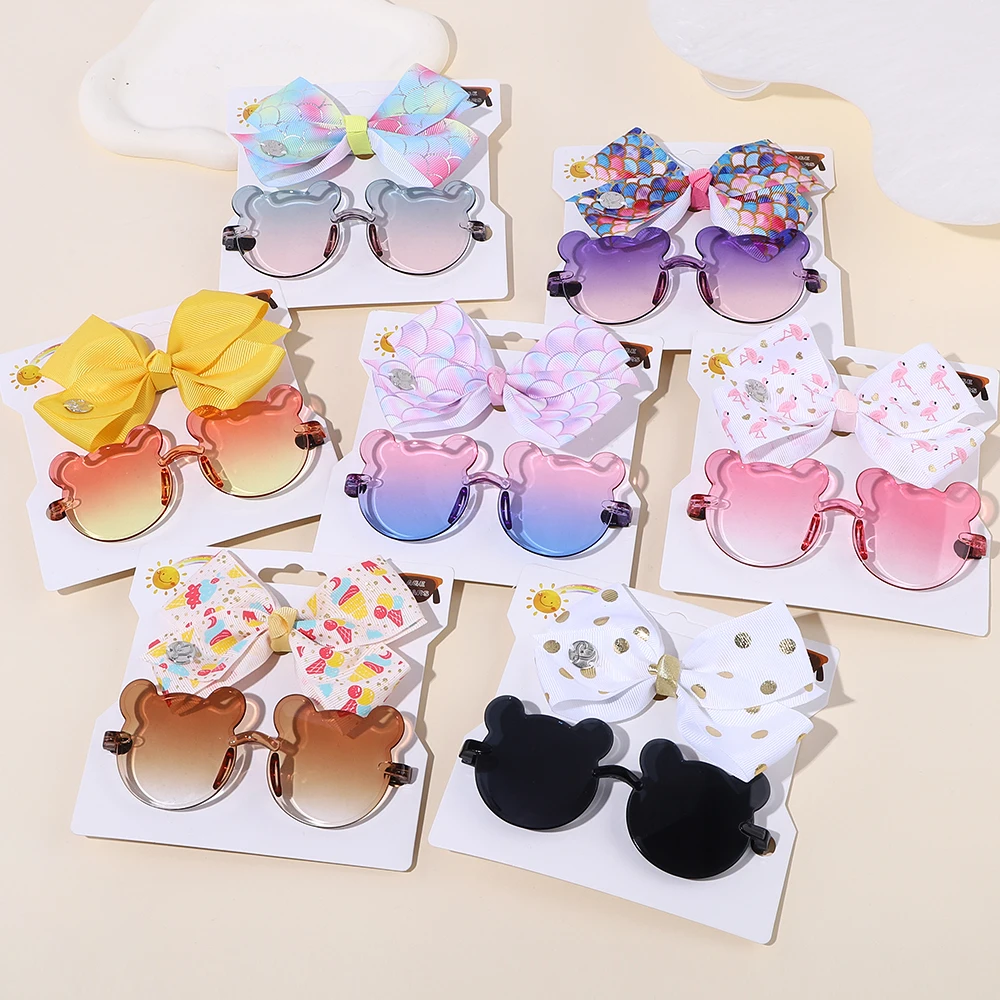 

2Pcs/Set Cartoon Bowknot Hairclip Glasses Set 4.5" Big Bow Hairgripes for Kids Fashion Hair Accessories Little Bear Glasses Gift