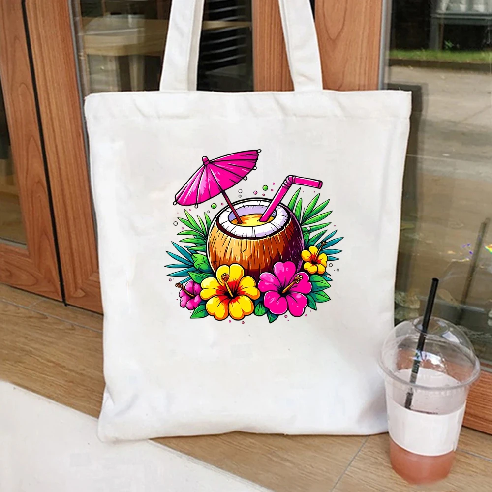 

Hawaii Coconut Drink Flower Canvas Shopping Bag Aesthetic Tropical Plant Pattern Literary Eco Friendly Travel Shoulder Tote Bag