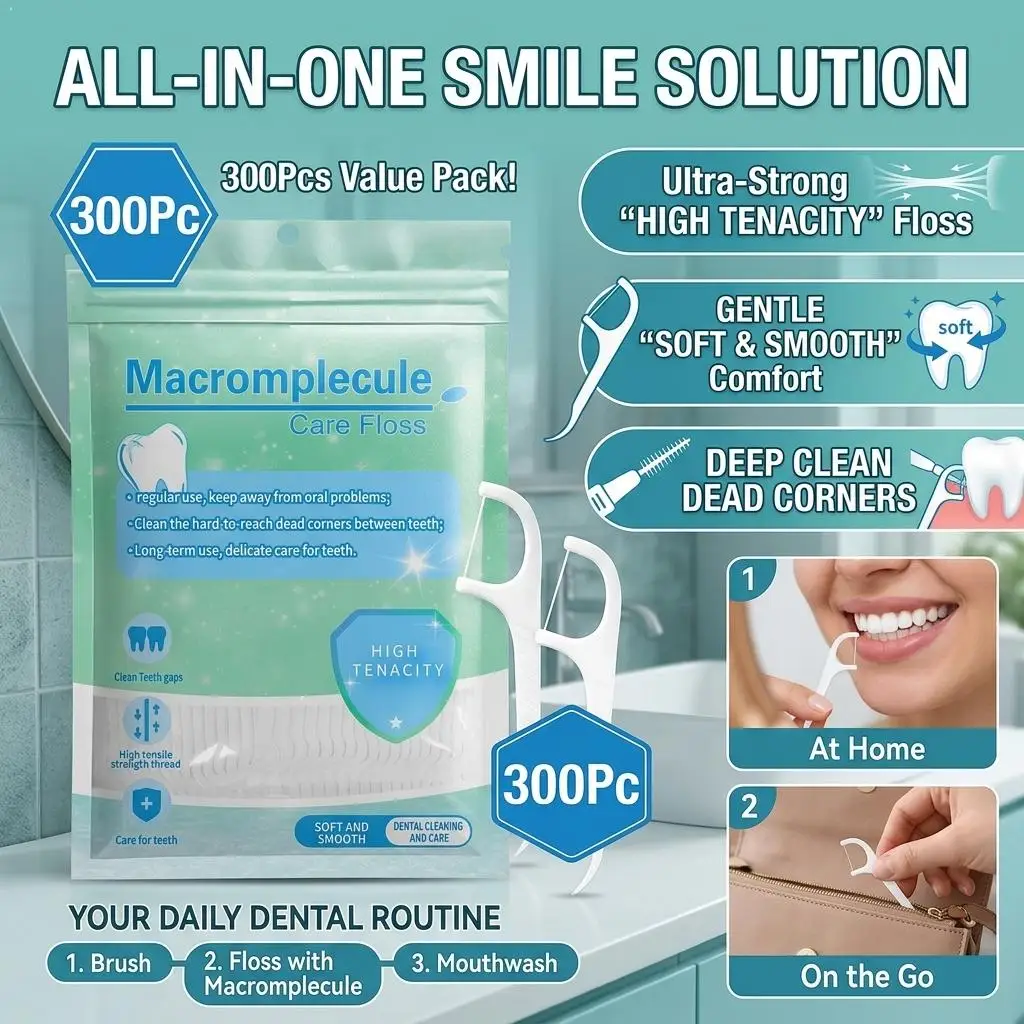 300Pcs Mint Flavored Disposable Dental Floss Picks High Tensile Round Wire Anti‑Slip Handle Dual‑Use Toothpick Resealable Bag