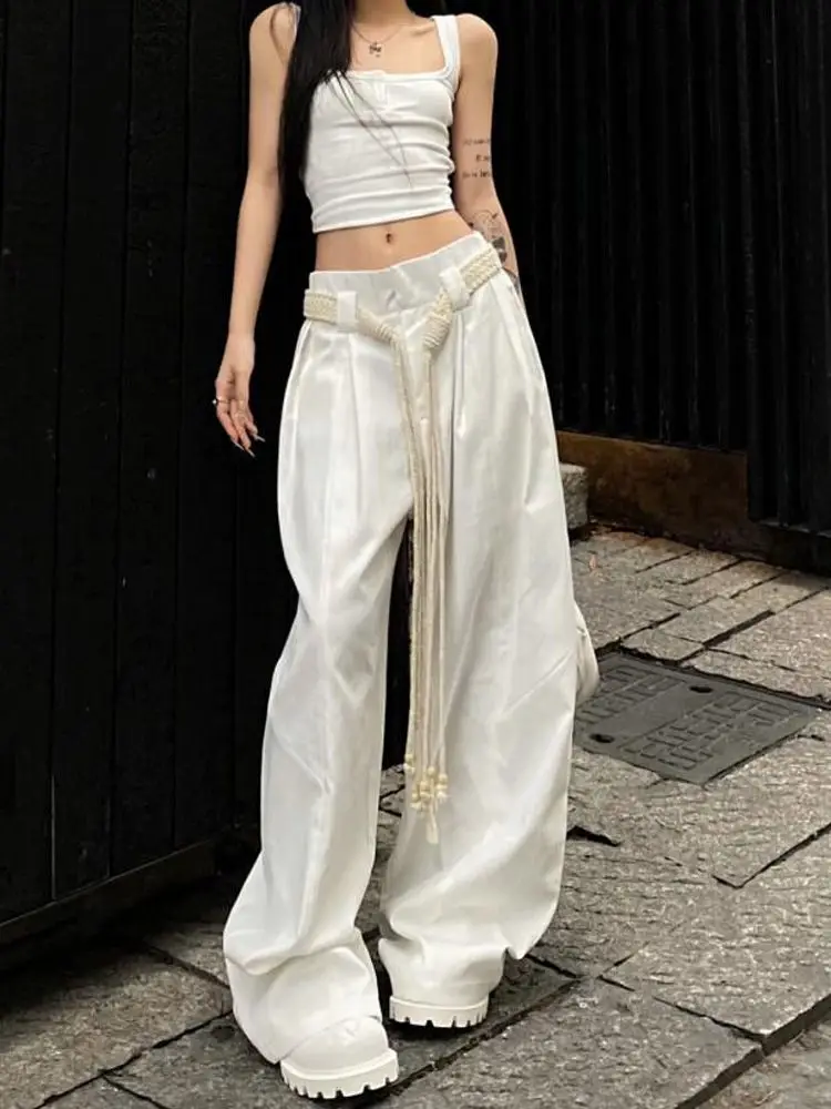 

American Hot Girls Folds Wide-leg White Casual Pants Baggy Joggers Y2k Sweatpants Women's Cargo Trousers Woman Flared Leggings