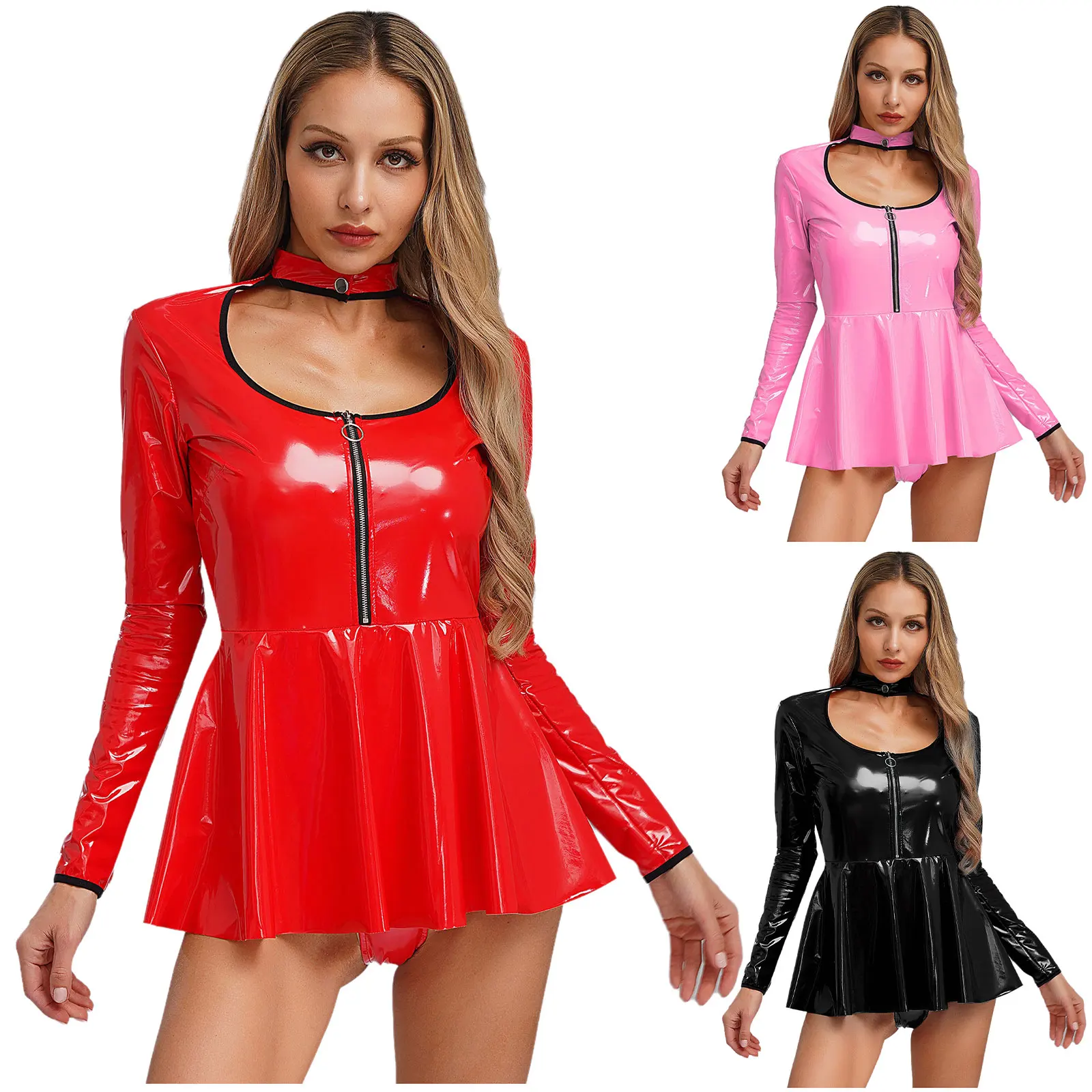Kobiety dziewczęta z długim rękawem wycięta obcisła sukienka lateksowa sukienki trapezowe klub nocny impreza dyskotekowa przebranie na karnawał minispódniczka Clubwear