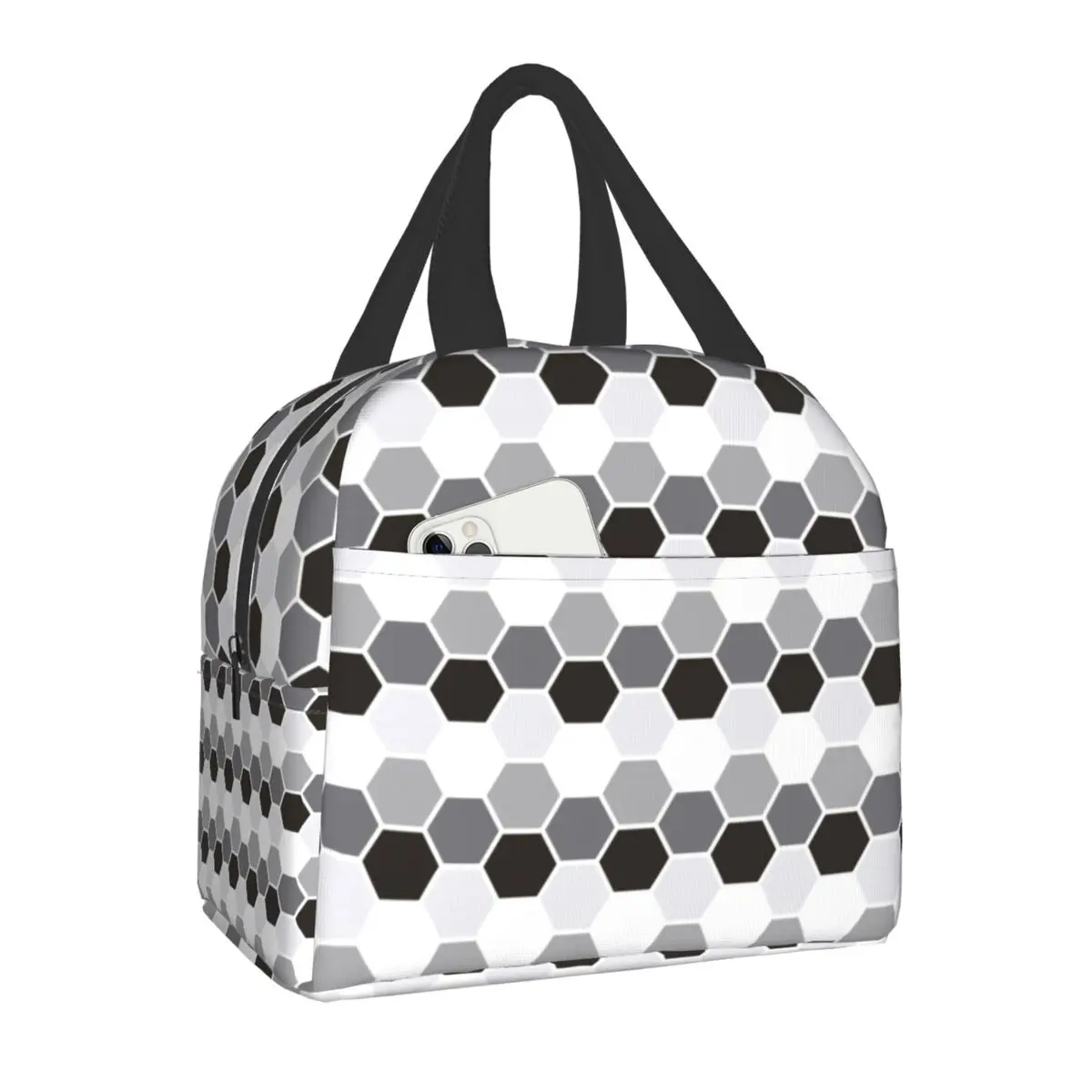 

Black Grey Hexagon Geometric Insulated Lunch Bag for Women Abstract Geometry Cooler Thermal Lunch Box Office Picnic Travel