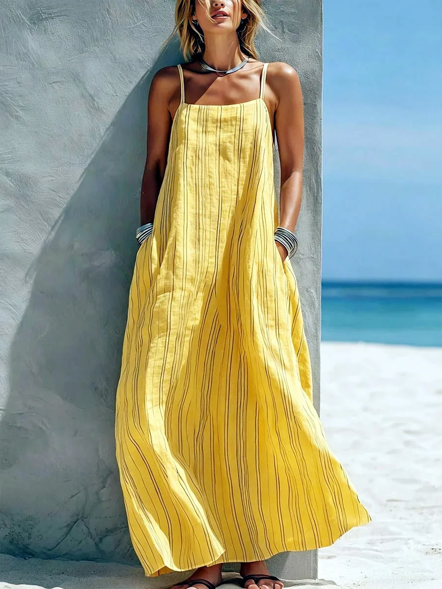 Nouvelle Robe Longue Décontractée Rayée d'Été pour Femme avec Bretelles et Poches